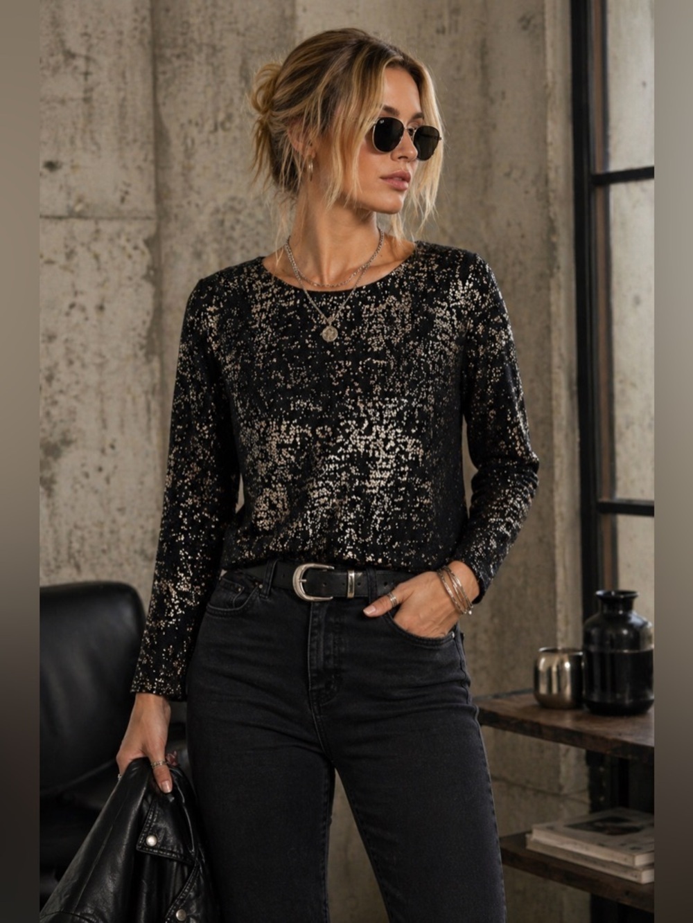 Sparkle & Fade Black Sweater with Gold Fleck M